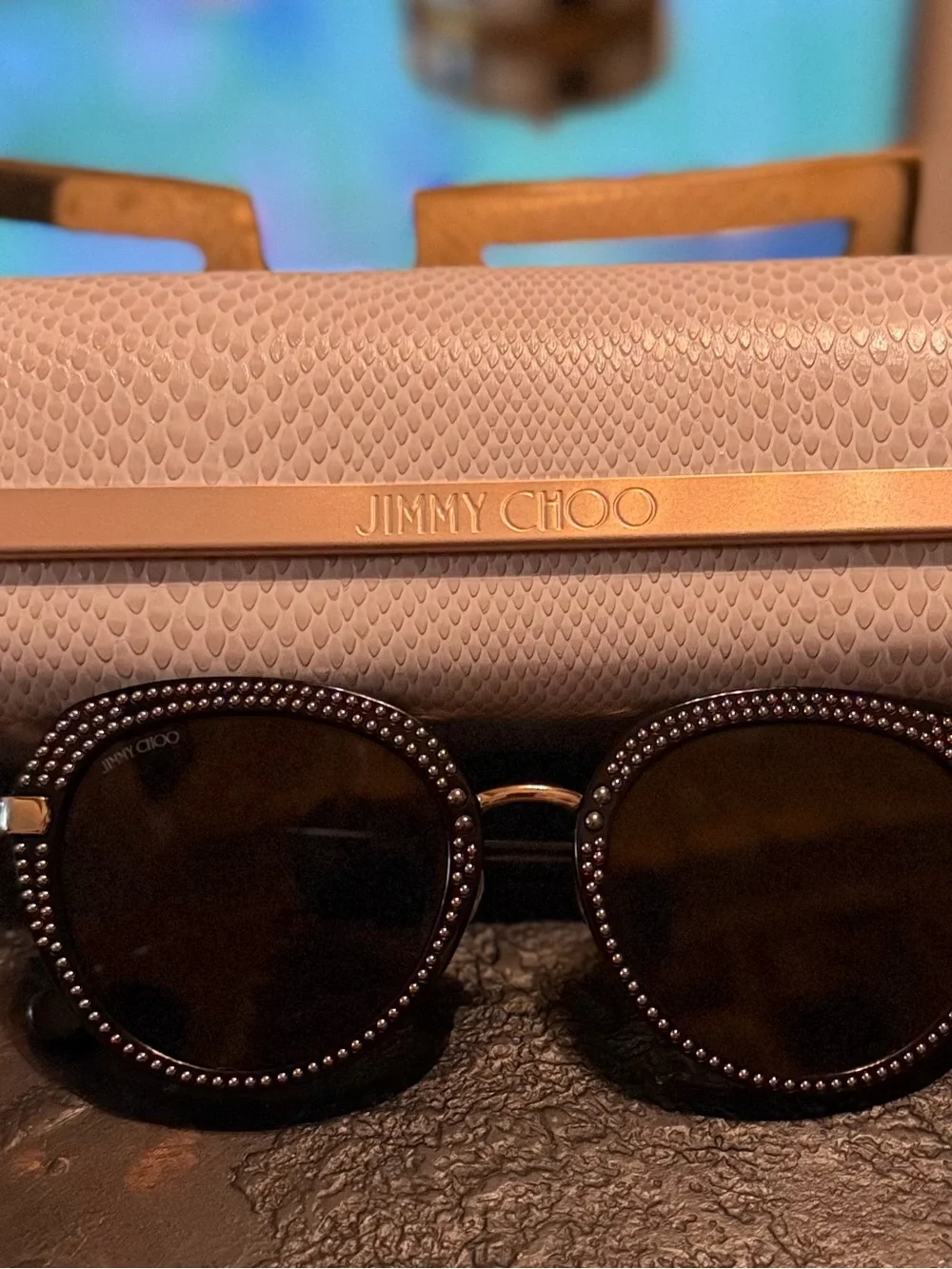 Jimmy Choo Black and Gold Crystal-Trim Round Sunglasses